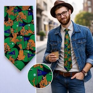 Vtg 90s Scooby-Doo Golfing Novelty Tie Cartoon Network Green Quirky Hipster Geek